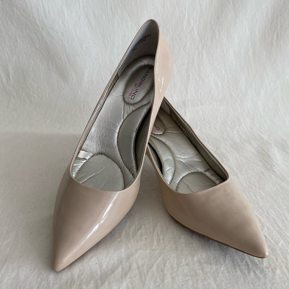 Beige pointed toe kitten heel pumps